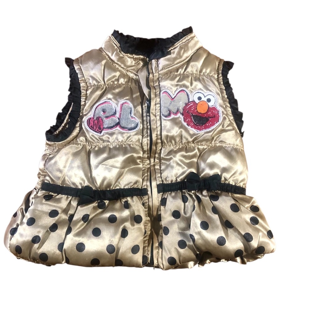 Vintage Sesame Street Elmo Gold Black polka dot Puffer Jacket Vest 12 Months
